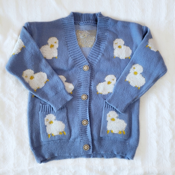Baby Blue Chunky Knit Sweater Cardigan White Sheep Size XS-M - Picture 3 of 3